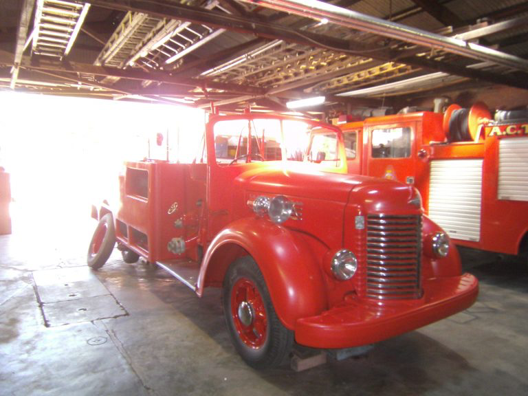 Restored 1941 International KB6 fire truck displayed inside the Canberra Fire Museum