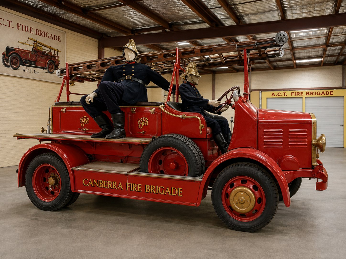 Side view of the 1934 Dennis Ace fire truck displayed with firefighter figures