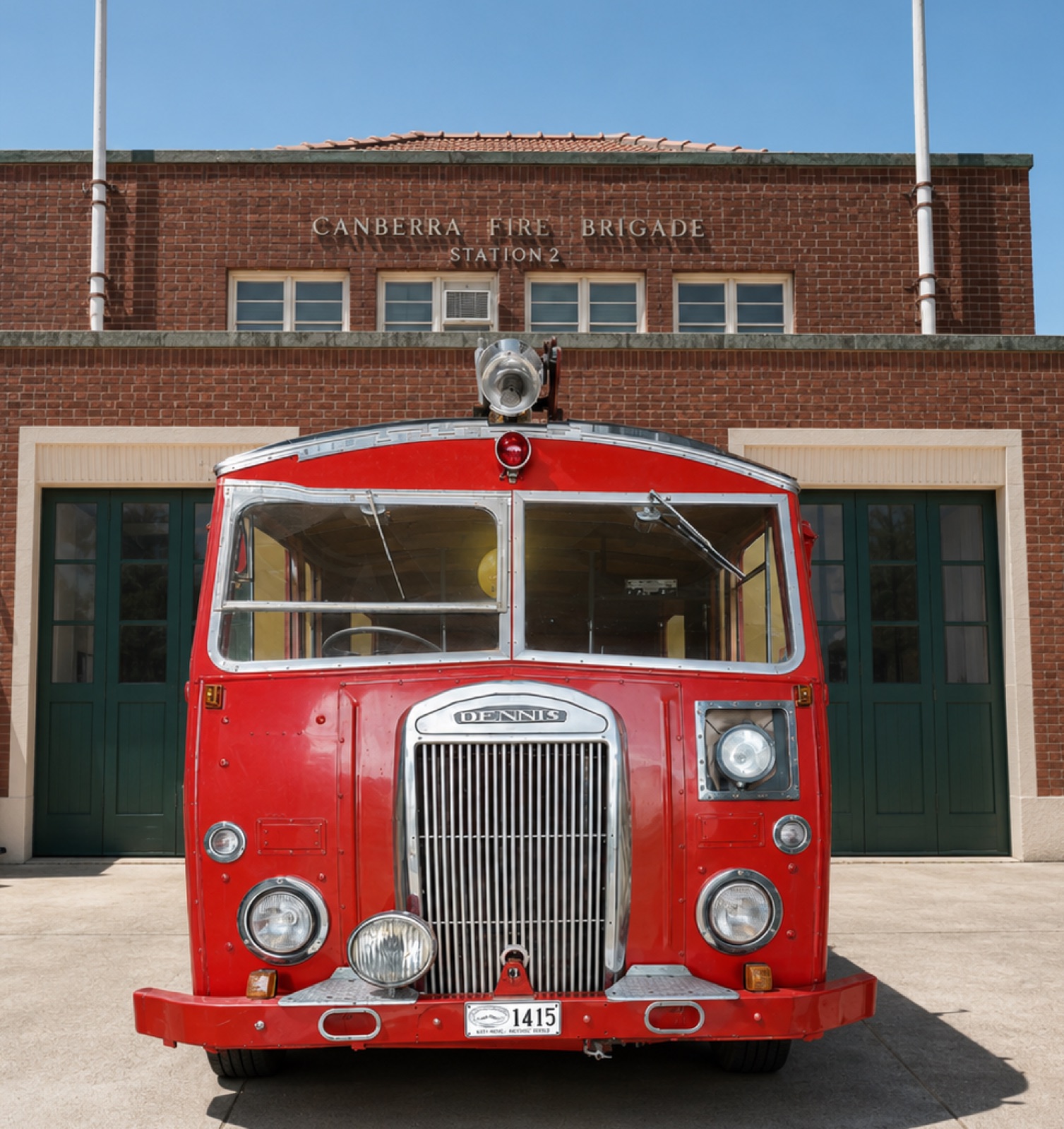1957 Dennis F12 front view outside Canberra Fire Brigade Station 2