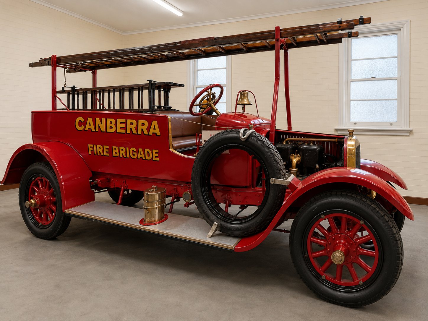 Side view of the representative 1913 Hotchkiss fire truck with ladder and Canberra Fire Brigade lettering