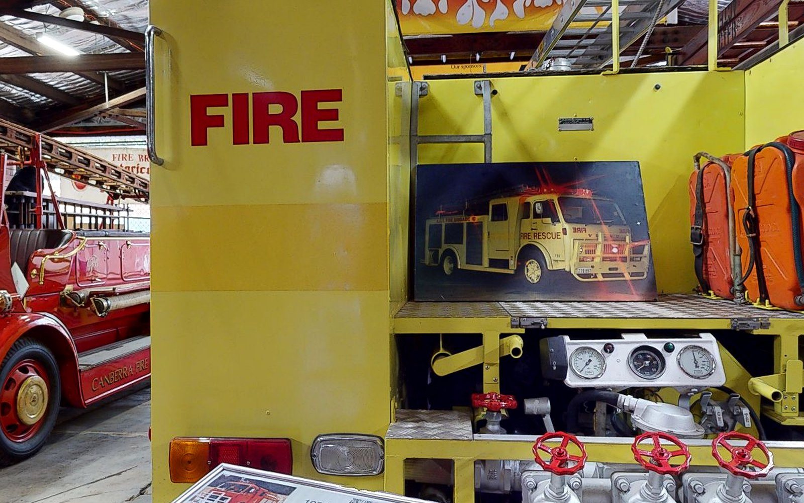 1974 Volvo F86 yellow fire rescue truck displayed at the Canberra Fire Museum