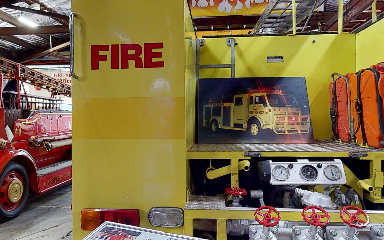 1974 Volvo F86 yellow fire rescue appliance displayed at the Canberra Fire Museum